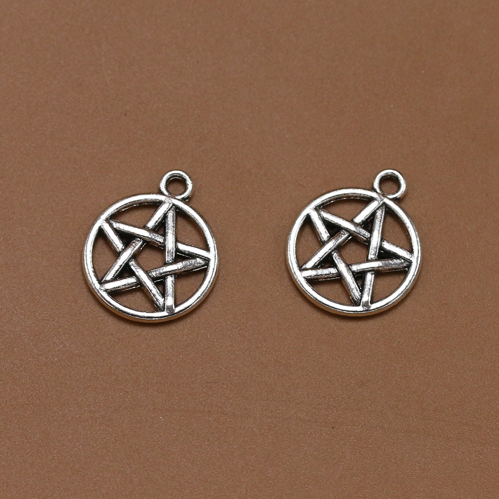 Pentagram Star Round Charm Pendant Cutout Metal Alloy Jewelry Making Bracelet Necklace Earrings Bulk Lot Wicca Satan Pentacle Pentagon