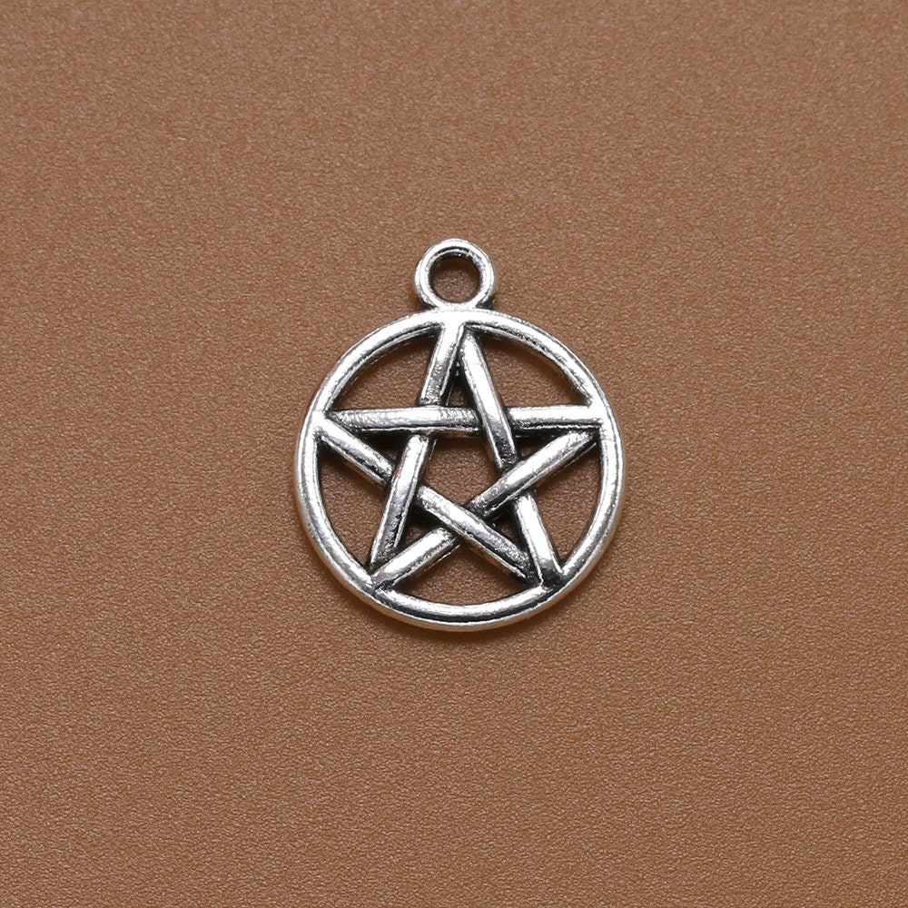 Pentagram Star Round Charm Pendant Cutout Metal Alloy Jewelry Making Bracelet Necklace Earrings Bulk Lot Wicca Satan Pentacle Pentagon