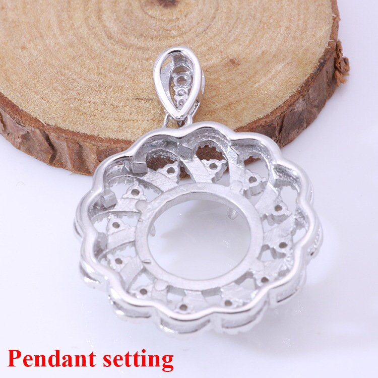 925 Sterling Silver CZ Mount Charm Pendant Prong Setting Blank 14 mm 9/16" Ornate Filigree Flower Vintage Round Base Gem Stone Cabochon Bulk