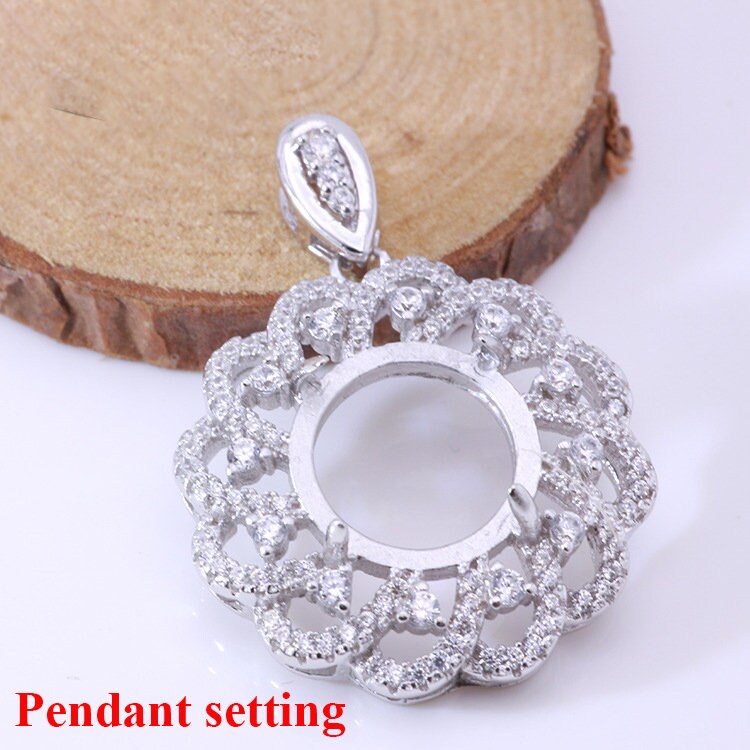 925 Sterling Silver CZ Mount Charm Pendant Prong Setting Blank 14 mm 9/16" Ornate Filigree Flower Vintage Round Base Gem Stone Cabochon Bulk