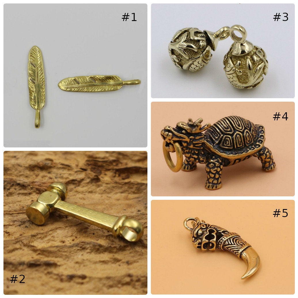 Solid Brass Feather, Hammer, Fish Ball, Turtle, Spike Fob Charm Pendant Keychain Copper DIY Hardware Accessories Leathercraft Wholesale Bulk