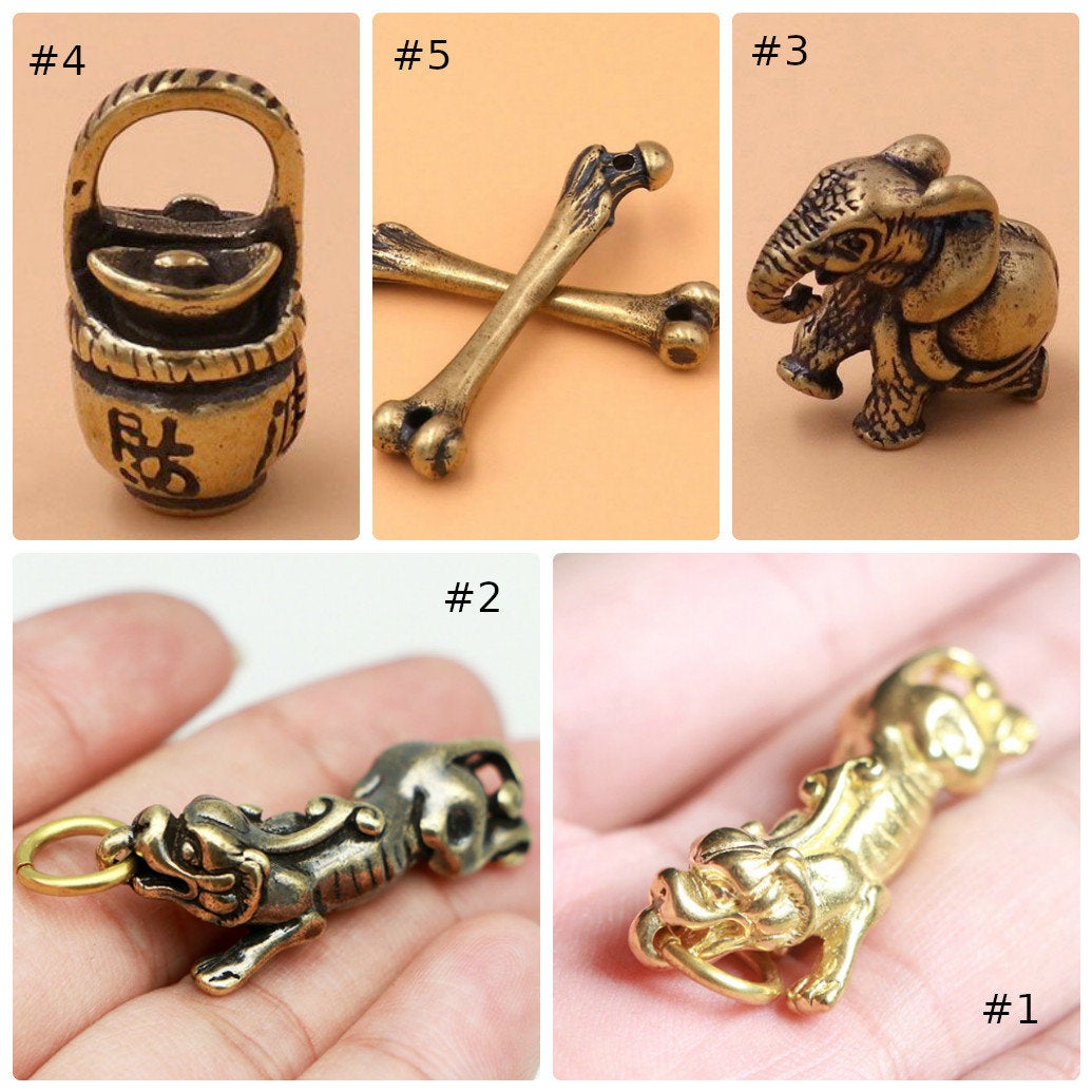 Raw Solid Brass Pixiu Elephant Flower Basket Leg Bone Charm Pendant Keychain Copper DIY Hardware Accessories Leathercraft Wholesale Bulk