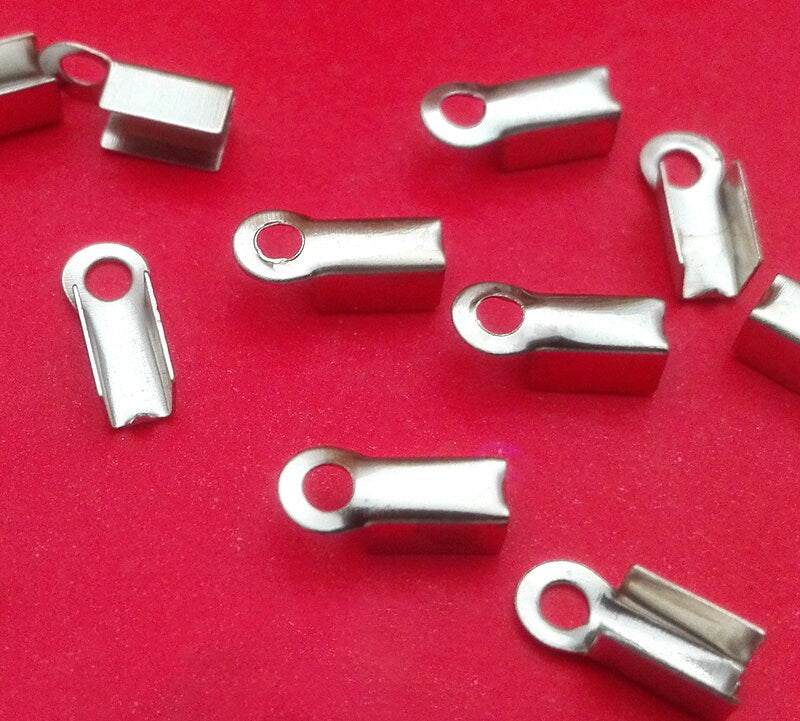 Stainless Steel Fold Over Crimp Clamp Clip 8x2 9x2 9x3 mm 5/16" 3/8" 1/16" 1/8" Loop Bead Cord End Tip Cap Connector Jewelry Finding