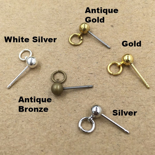 Solid Raw Brass Earstud Ball With Open Loop 4x13 mm Earring Parts Jewelry Making Findings Supplies Gold Silver Metal Components