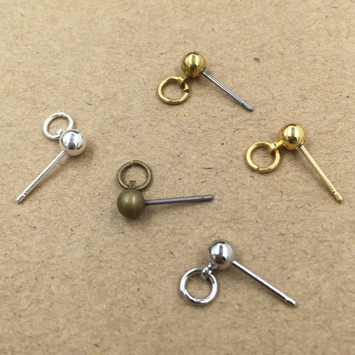 Solid Raw Brass Earstud Ball With Open Loop 4x13 mm Earring Parts Jewelry Making Findings Supplies Gold Silver Metal Components