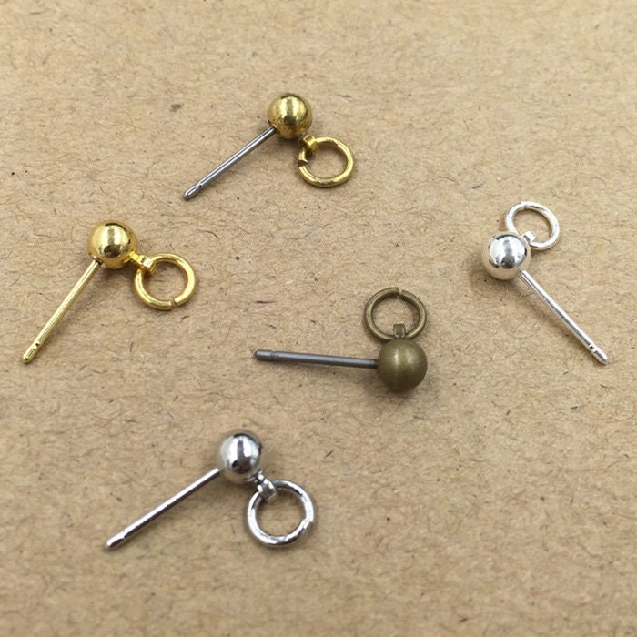 Solid Raw Brass Earstud Ball With Open Loop 4x13 mm Earring Parts Jewelry Making Findings Supplies Gold Silver Metal Components