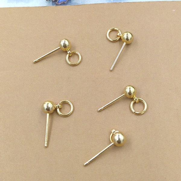 Solid Raw Brass Earstud Ball With Open Loop 4x13 mm Earring Parts Jewelry Making Findings Supplies Gold Silver Metal Components