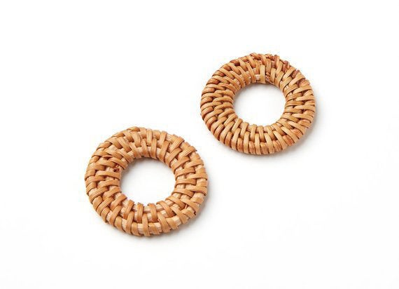 Natural Rattan Wood Earring Hoops 35mm 1-3/8" Round Wooden Charms Handwoven Circle Findings Woven Boho Jewelry Making Blanks Wholesale Bulk