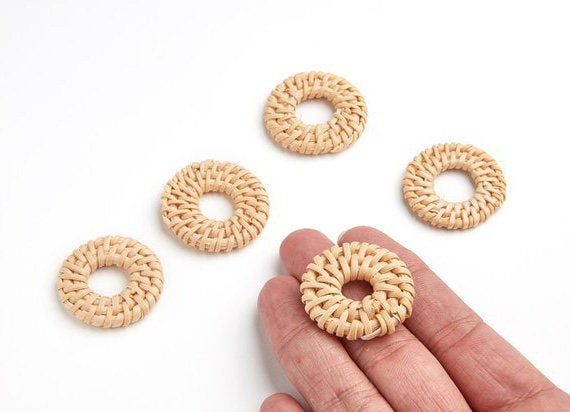 Natural Rattan Wood Earring Hoops 32mm 1-1/4" Round Wooden Charms Handwoven Circle Findings Woven Boho Jewelry Making Blanks Wholesale Bulk
