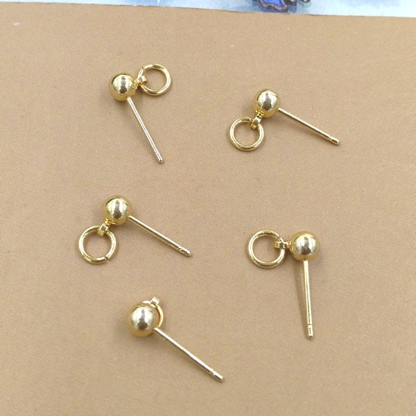 Solid Raw Brass Earstud Ball With Open Loop 4x13 mm Earring Parts Jewelry Making Findings Supplies Gold Silver Metal Components