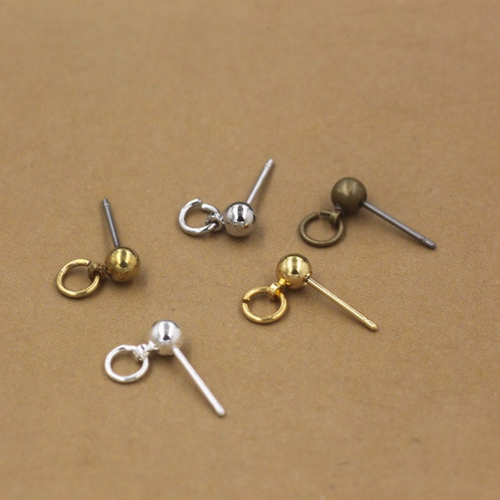 Solid Raw Brass Earstud Ball With Open Loop 4x13 mm Earring Parts Jewelry Making Findings Supplies Gold Silver Metal Components