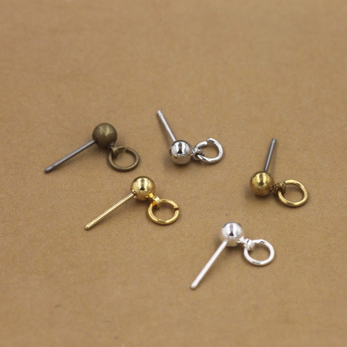 Solid Raw Brass Earstud Ball With Open Loop 4x13 mm Earring Parts Jewelry Making Findings Supplies Gold Silver Metal Components