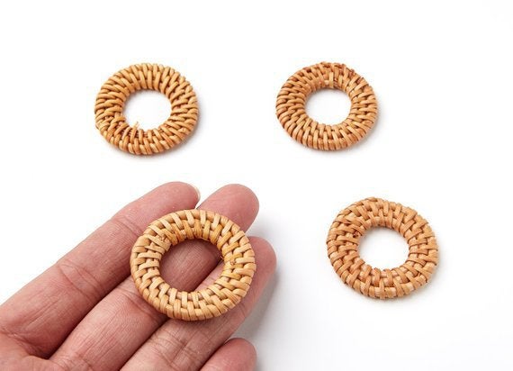 Natural Rattan Wood Earring Hoops 35mm 1-3/8" Round Wooden Charms Handwoven Circle Findings Woven Boho Jewelry Making Blanks Wholesale Bulk