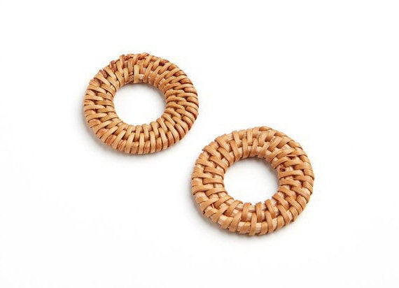 Natural Rattan Wood Earring Hoops 35mm 1-3/8" Round Wooden Charms Handwoven Circle Findings Woven Boho Jewelry Making Blanks Wholesale Bulk