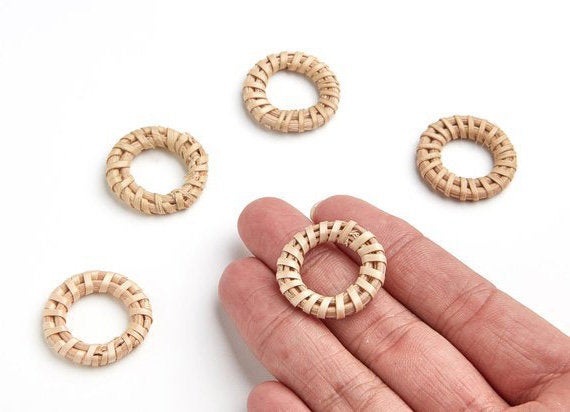 Natural Rattan Wood Earring Hoops 27mm 1-1/8" Round Wooden Charms Handwoven Circle Findings Woven Boho Jewelry Making Blanks Wholesale Bulk