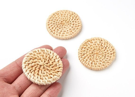 Natural Rattan Wood Earring Hoops 50mm-2" Disc Wooden Charms Handwoven Circle Findings Woven Boho Jewelry Making Blanks Wholesale Bulk