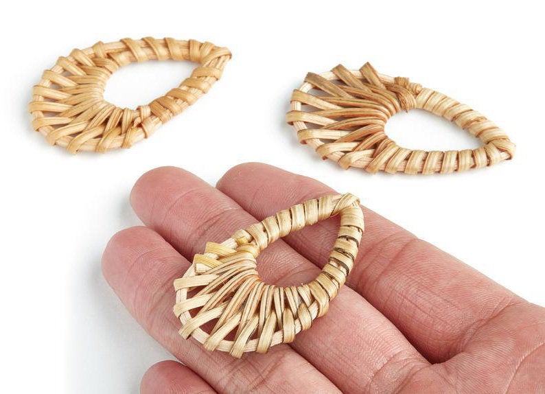 Natural Rattan Wood Earring Hoops 53mmx30mm Teardrop Wooden Charms Handwoven Circle Findings Woven Boho Jewelry Making Blanks Wholesale Bulk