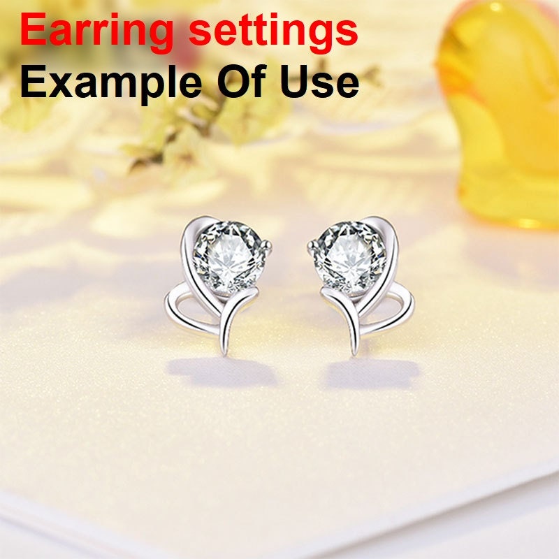 Stud Earring Setting Blanks 7x10mm 1 Pair 925 Sterling Silver CZ Semi Mount for 1 Round Shape Faceted Stone 1 Prong Wholesale Available