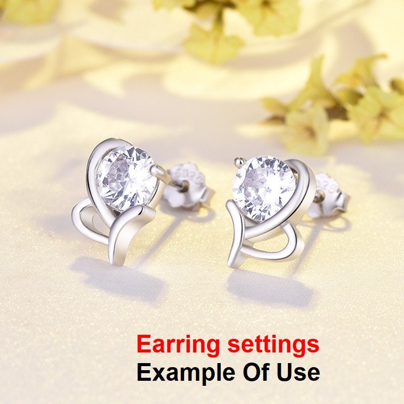 Stud Earring Setting Blanks 7x10mm 1 Pair 925 Sterling Silver CZ Semi Mount for 1 Round Shape Faceted Stone 1 Prong Wholesale Available