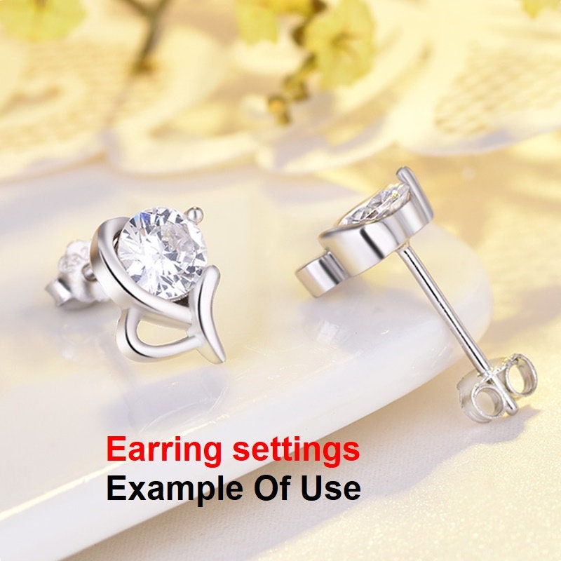 Stud Earring Setting Blanks 7x10mm 1 Pair 925 Sterling Silver CZ Semi Mount for 1 Round Shape Faceted Stone 1 Prong Wholesale Available