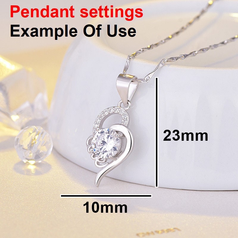 Heart Round Diamond Necklace Pendant 4 Prongs Setting 6.25mm 0.9ct Blanks Set White Gold Plated Sterling Silver 925 Findings Base Wholesale