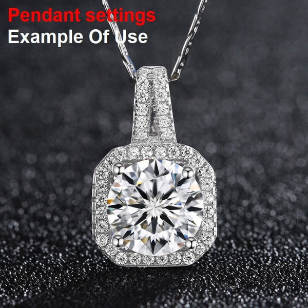 Square Round Diamond Necklace Pendant Four Prongs Setting 6.5mm 1ct Blanks Set White Gold Plated Sterling Silver 925 Findings Base Wholesale