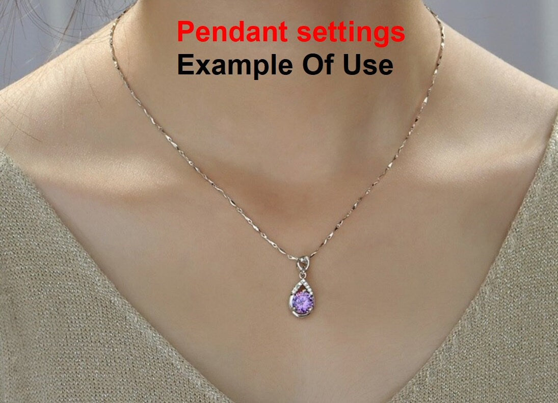 Drop Round Diamond Necklace Pendant Three Prongs Setting 6mm 0.8ct Blanks Set White Gold Plated Sterling Silver 925 Findings Base Wholesale