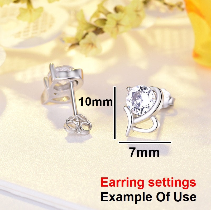 Stud Earring Setting Blanks 7x10mm 1 Pair 925 Sterling Silver CZ Semi Mount for 1 Round Shape Faceted Stone 1 Prong Wholesale Available