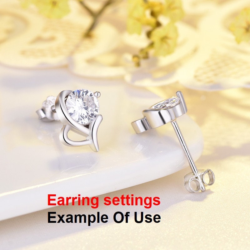 Stud Earring Setting Blanks 7x10mm 1 Pair 925 Sterling Silver CZ Semi Mount for 1 Round Shape Faceted Stone 1 Prong Wholesale Available