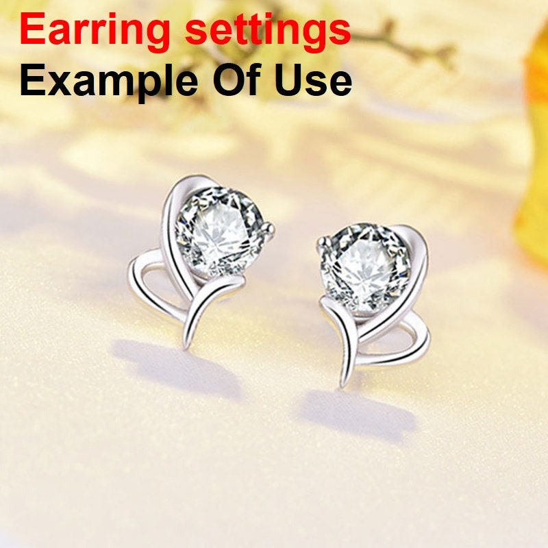 Stud Earring Setting Blanks 7x10mm 1 Pair 925 Sterling Silver CZ Semi Mount for 1 Round Shape Faceted Stone 1 Prong Wholesale Available