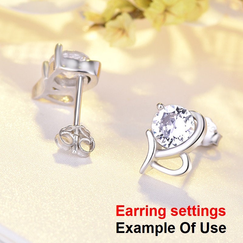 Stud Earring Setting Blanks 7x10mm 1 Pair 925 Sterling Silver CZ Semi Mount for 1 Round Shape Faceted Stone 1 Prong Wholesale Available