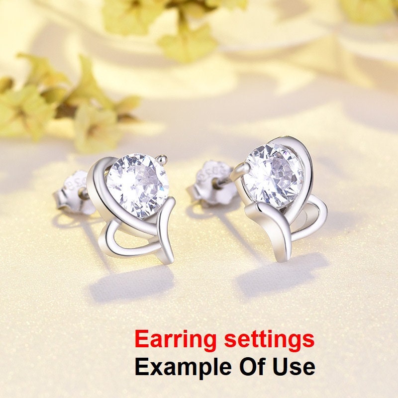 Stud Earring Setting Blanks 7x10mm 1 Pair 925 Sterling Silver CZ Semi Mount for 1 Round Shape Faceted Stone 1 Prong Wholesale Available