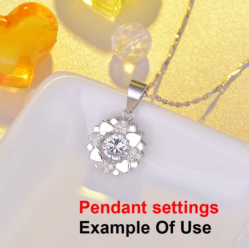 Flower Round Diamond Necklace Pendant Four Prongs Setting 4mm 0.3ct Blanks Set White Gold Plated Sterling Silver 925 Findings Base Wholesale