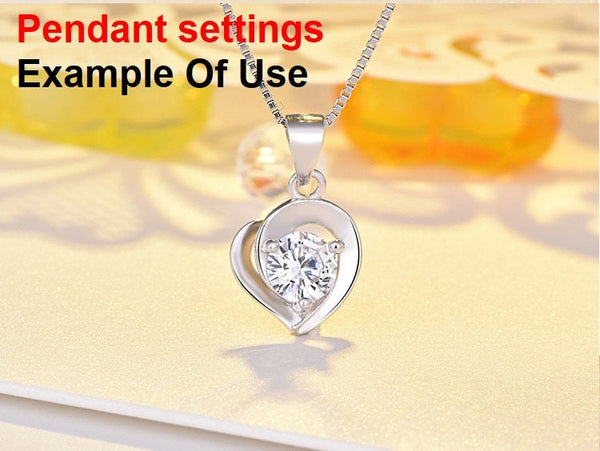 Heart Round Diamond Necklace Pendant Three Prongs Setting 6mm 0.8ct Blanks Set White Gold Plated Sterling Silver 925 Findings Base Wholesale