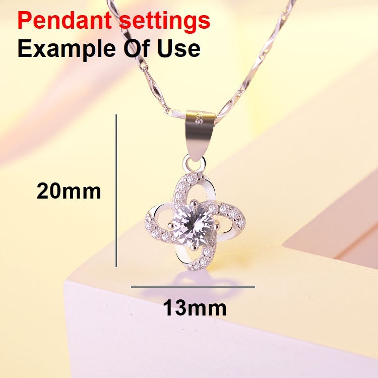 Clover Round Diamond Necklace Pendant Four Prongs Setting 6mm 0.8ct Blanks Set White Gold Plated Sterling Silver 925 Findings Base Wholesale