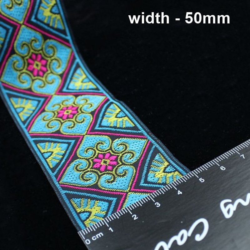 Ethnic Flowers Pattern Embroidery 5cm Jacquard Ribbon Polyester Silk Metallic Fabric Trim For Wedding Dress Blouse Pillow Border Linen Hat