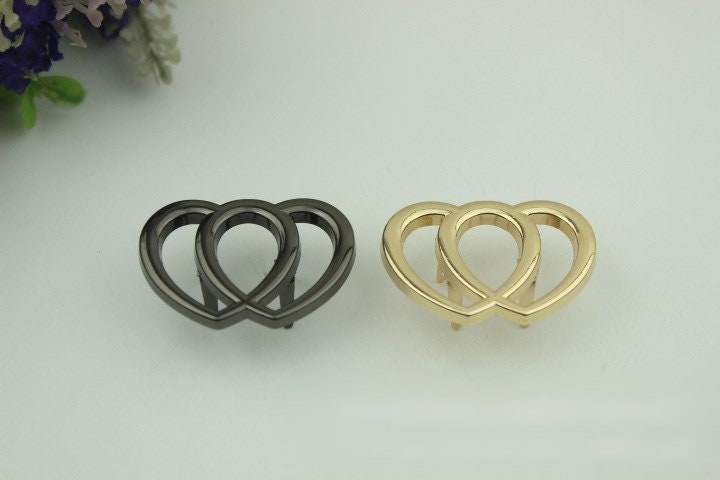 Metal Purse Charm Label Double Heart 40mm 1 5/8" Gold Hardware Leather Bag Handbag Clutch Backpack Vintage Diy Handmade Decoration Supplies