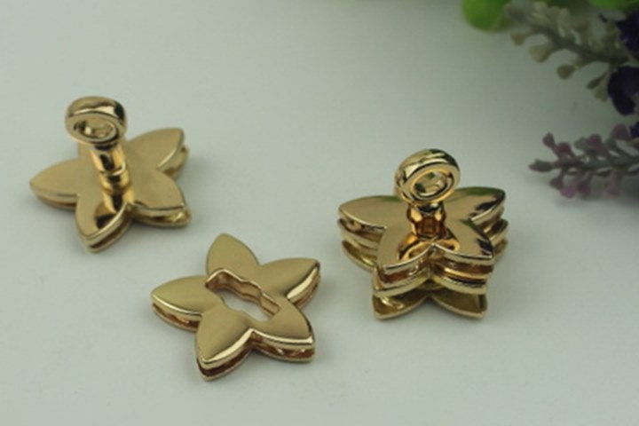 Flower Clover Twist Press Lock And Key Bag Hardware Light Gold 1/10 pcs Handmade Purse Handbag Making Metal 29 mm 1 1/8" Supplies Wholesale