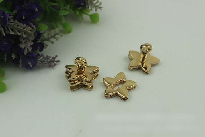 Flower Clover Twist Press Lock And Key Bag Hardware Light Gold 1/10 pcs Handmade Purse Handbag Making Metal 29 mm 1 1/8" Supplies Wholesale