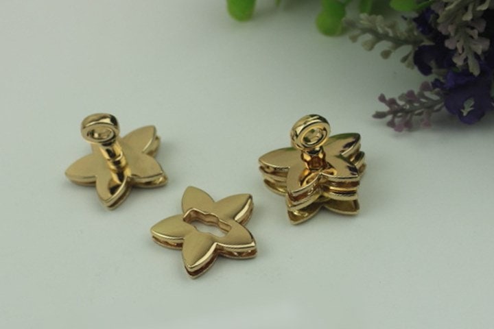 Flower Clover Twist Press Lock And Key Bag Hardware Light Gold 1/10 pcs Handmade Purse Handbag Making Metal 29 mm 1 1/8" Supplies Wholesale