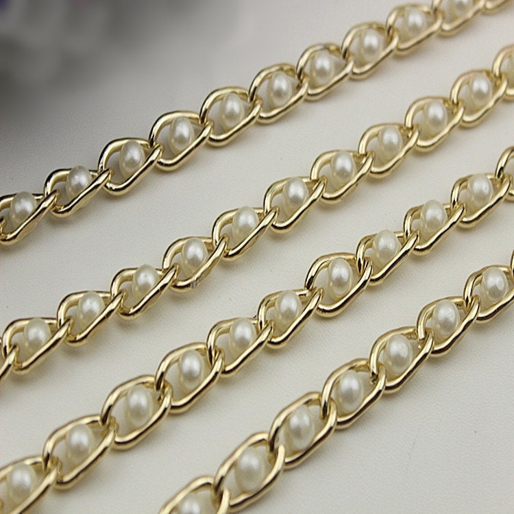 Purse Chain 90 cm 35" Crossbody Metal Curb Brass Strap Handle Light Gold Pearls Hardware Leather Bag Handbag Clutch Vintage DIY