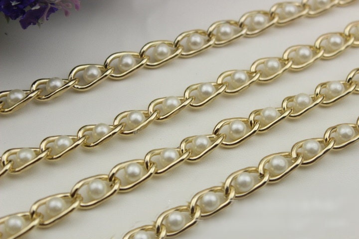 Purse Chain 90 cm 35" Crossbody Metal Curb Brass Strap Handle Light Gold Pearls Hardware Leather Bag Handbag Clutch Vintage DIY