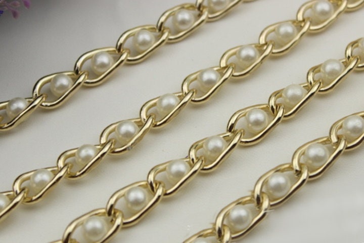 Purse Chain 90 cm 35" Crossbody Metal Curb Brass Strap Handle Light Gold Pearls Hardware Leather Bag Handbag Clutch Vintage DIY