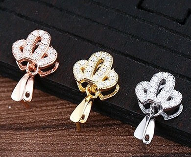 Crystals Crown Buckle Clip Pendant Setting Sterling Silver Rose Gold Fine 925 3x3.5mm For One Stone Pearl No Prongs DIY Jewelry Wholesale