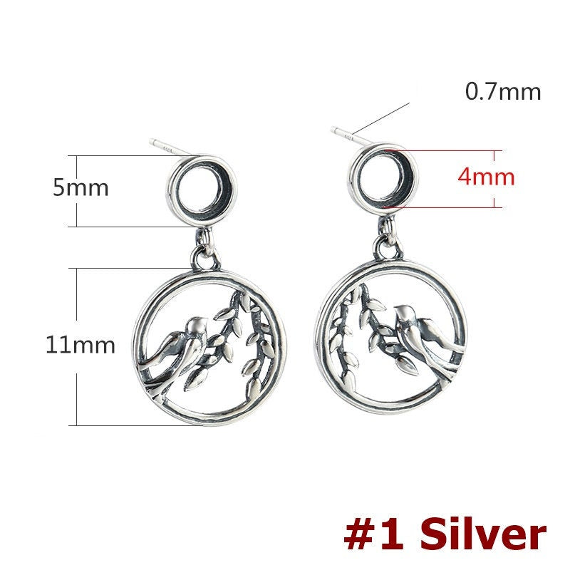 Leaf Bird Pattern Round Base Earrings Stud Setting Fine Silver Gold Bezel Sterling 925 4 5 6mm For One Stone No Prongs DIY Jewelry Wholesale