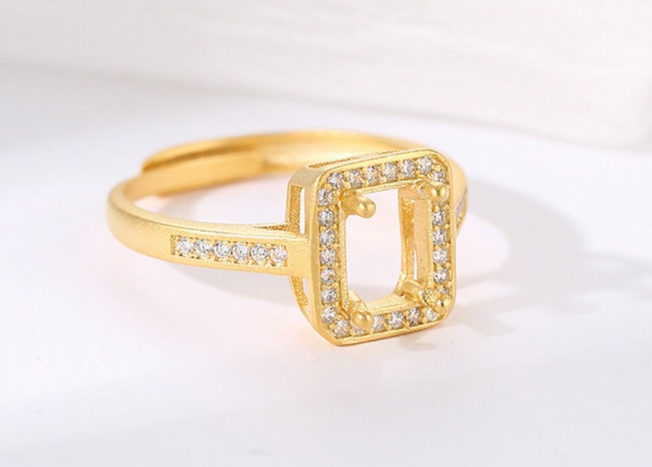 Ring Blank Setting 1pc Sterling Silver 925 18k Gold Vermeil Adjustable Gold Crystals Rectangle Base Four Prongs Fine 5x7mm Wholesale