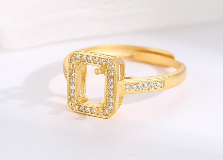 Ring Blank Setting 1pc Sterling Silver 925 18k Gold Vermeil Adjustable Gold Crystals Rectangle Base Four Prongs Fine 5x7mm Wholesale