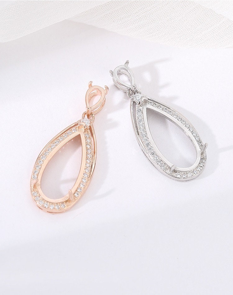 Teardrop Crystals Base Pendant Setting Sterling Silver Rose Gold Fine 925 4x6 8x17 mm For Two Stones Three Prongs DIY Jewelry Wholesale