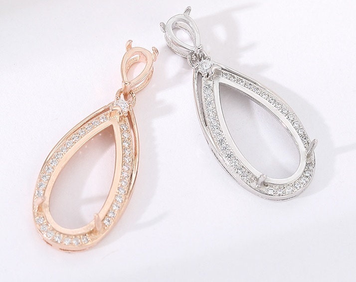 Teardrop Crystals Base Pendant Setting Sterling Silver Rose Gold Fine 925 4x6 8x17 mm For Two Stones Three Prongs DIY Jewelry Wholesale