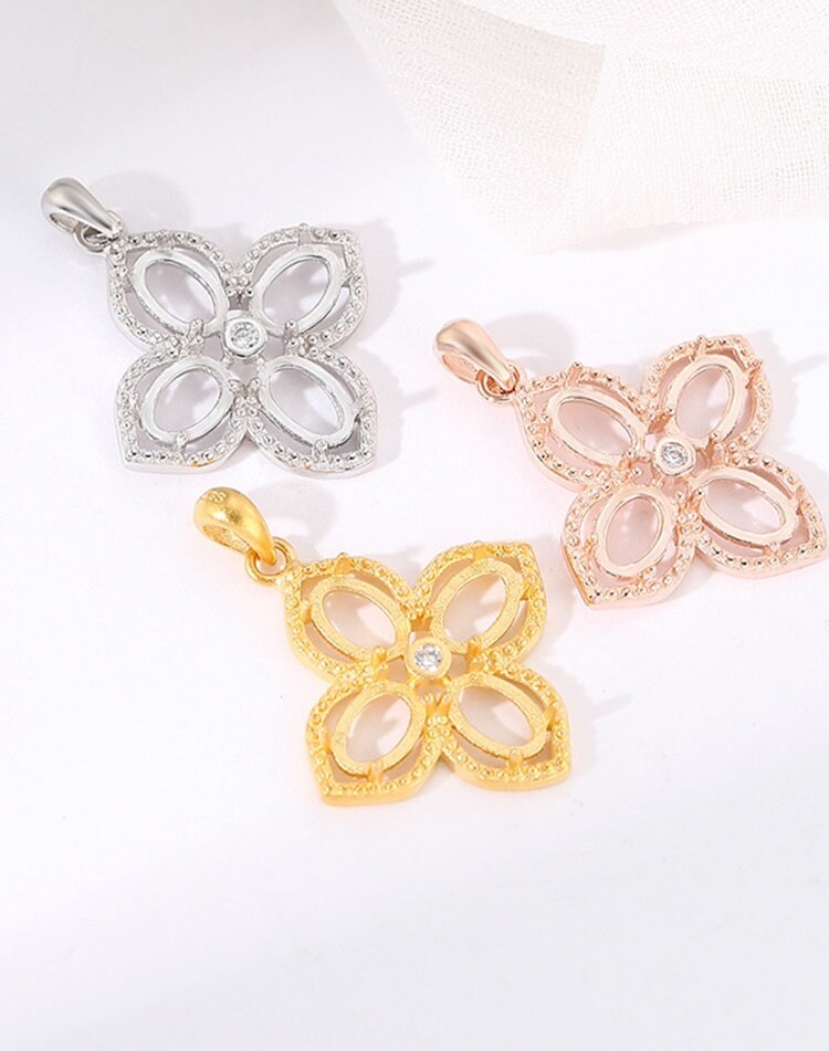 Crystals Flower Oval Base Pendant Setting Blank Sterling Silver Rose Gold Fine 925 4x6 mm For Four Stones 4 Prongs DIY Jewelry Wholesale